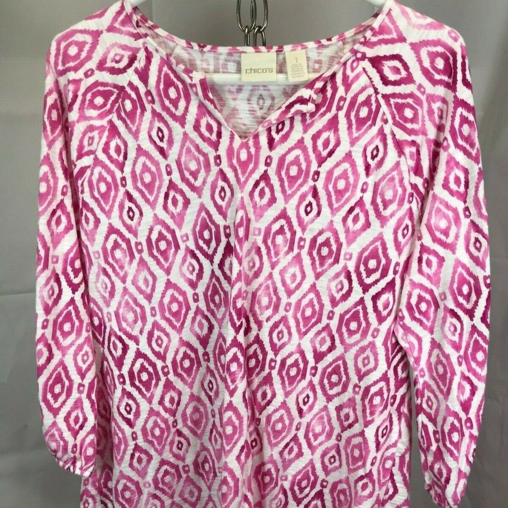 Chico’s Women’s White and Pink Size 1 V-Neck Shirt